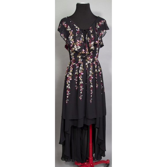 Black & Floral Design High Low Maxi Dress / Chiffon/ LC/ Lauren Conrad - Picture 3 of 6